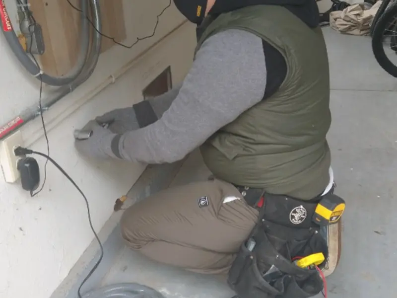 Electrician performing outlet wiring in a Hollywood garage
